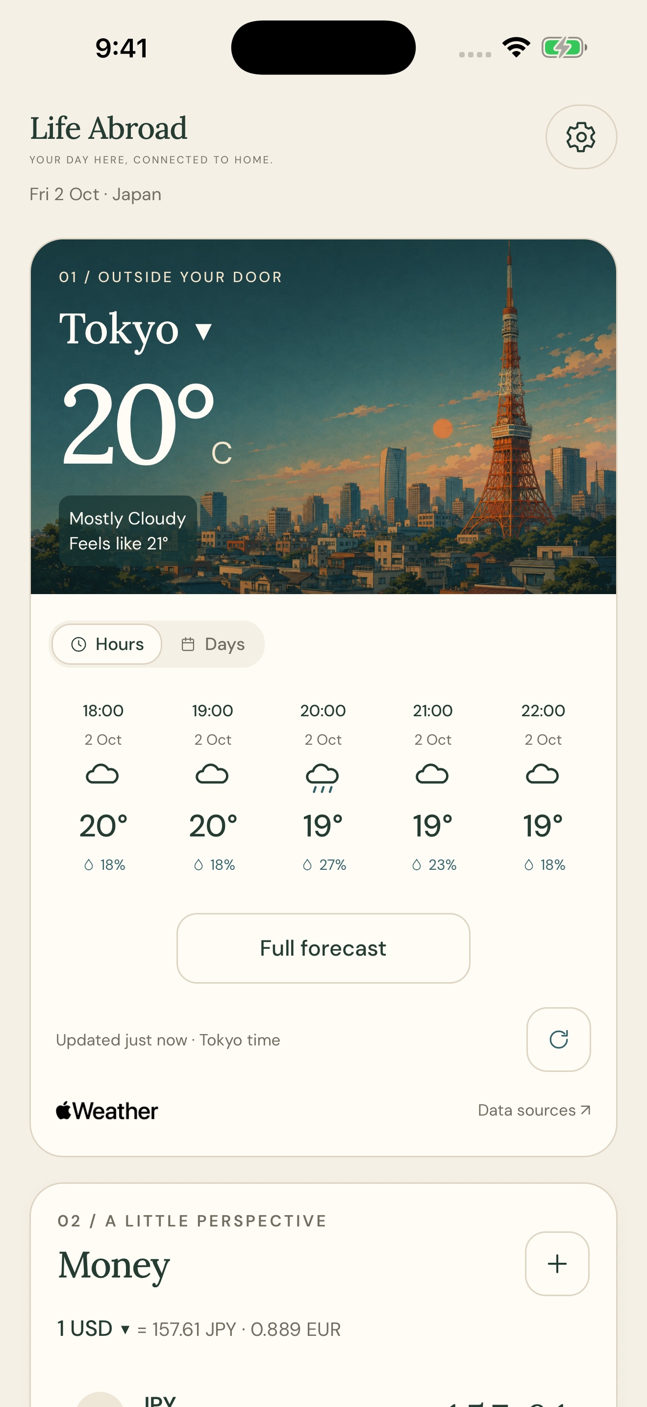 Life Abroad on iPhone, showing Tokyo weather, an hourly forecast and the Money card.